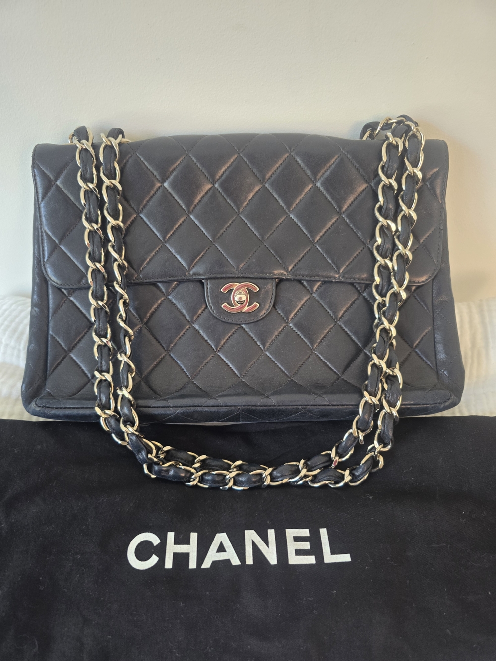 Vintage 98 Chanel Classic Quilted Double Flap Shoulder Bag in Black